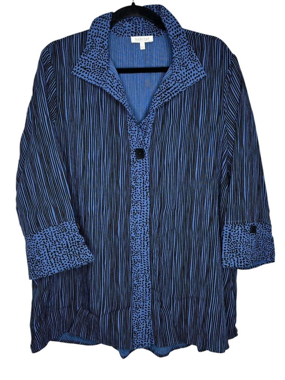 Habitat Blue Striped Button Front Tunic Top Large Artsy Boho Abstract Print